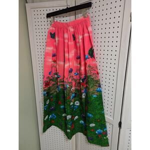 Vintage 1960s Pink Colorful Neon Floral Butterfly Barkcloth Maxi Skirt Size XS